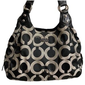 Coach Black and Champagne Signature Logo Shoulder Bag